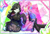 full-body render, 2 characters, with abstract bg for satnova