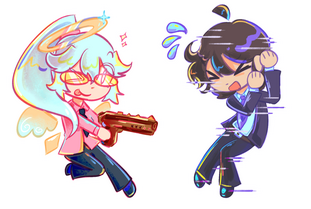 two chibis of different interpretations of arlyn (delusional office) utilizing their abilities: alt angel &amp; ghost.