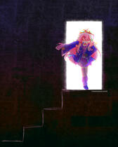 a drawing of saturday tasogare from vivid/stasis that references the ending of the truman show.