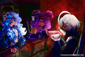 a drawing of personal gijinkas for the fanmade doors entities depth, greed, and silence.